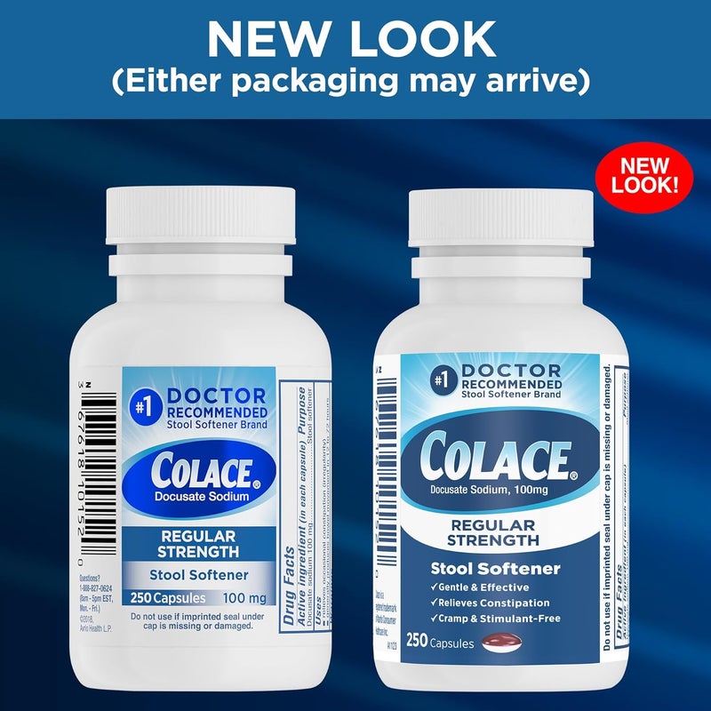 COLACE Stool Softener 100 mg, 250 Capsules, Constipation Relief, Docusate Sodium, Gentle Docusate, Stimulant-Free, Regular Strength, #1 Doctor Recommended Stool Softener Brand - Image 3